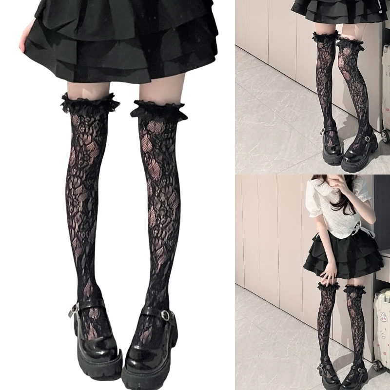 Womens Japanese Style Sheer Flower Lace Fishnet Thigh Highs Stockings JK Sweet Ruffle Trim Frilly Over Knee Long Socks