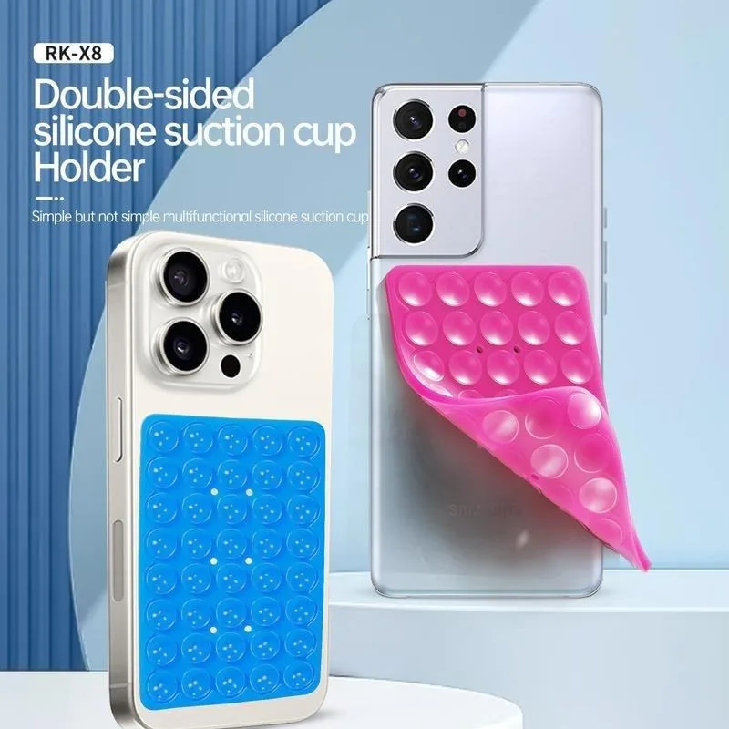 2 Pack Silicone Suction Phone Case Mount, Non Slip Sticky Phone Grip for Cellphone, Silicon Adhesive Suction Cup Phone Mount, Strong Grip Holder for Selfies & Videos (Pink& Blue)