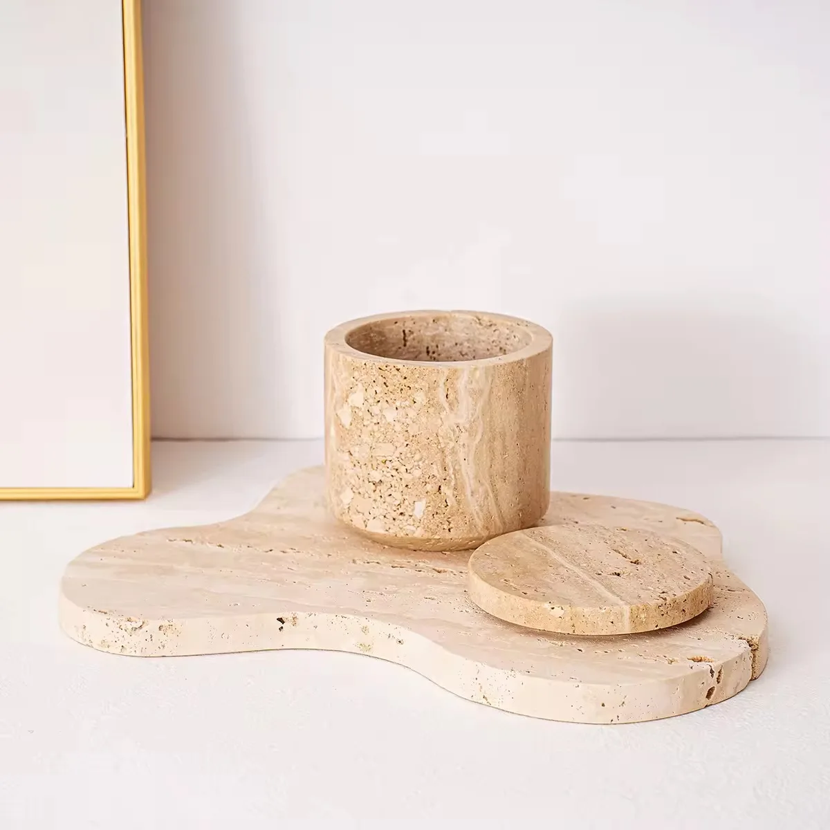 Cross-border hot sale beige travertine decorative ornament decorative bowl marble storage box sundries storage jars