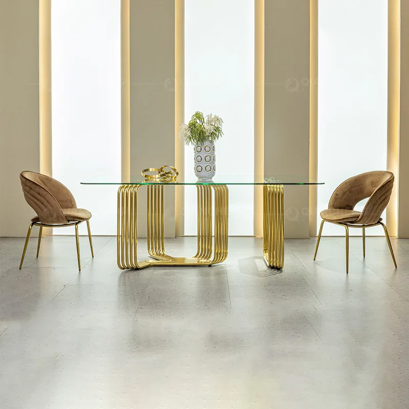 

Light luxury glass dining table Home high-end dining table Stainless steel dining table Chair