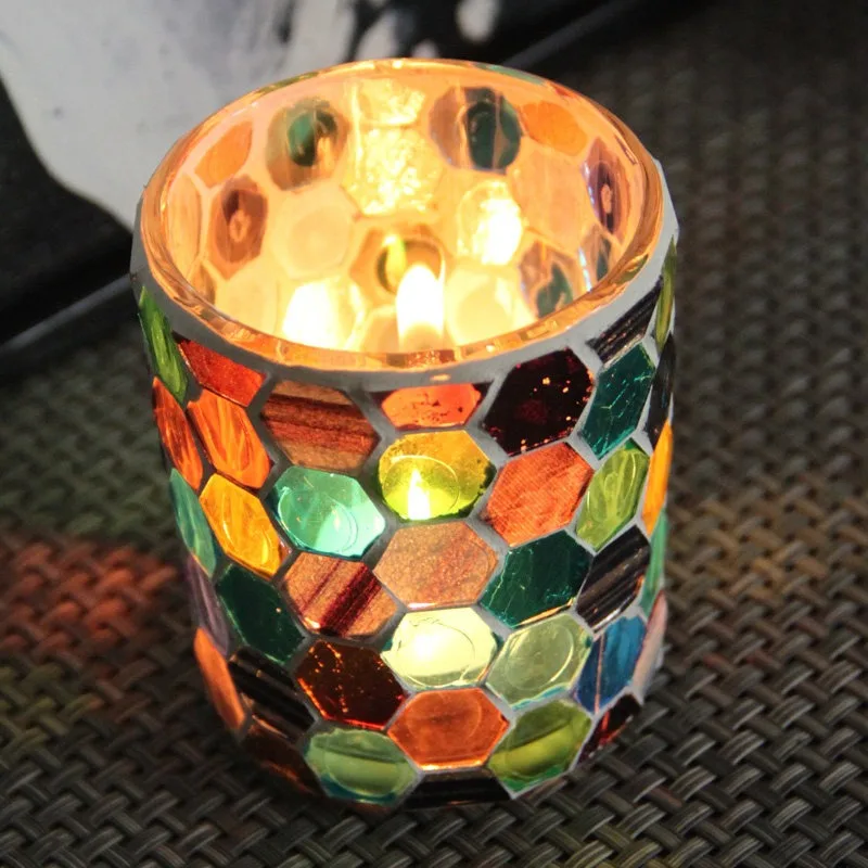 Mosaic Glass Candlestick Modern Candlelight Dinner Decorations Candle Holders Wedding Decoration European Hexagonal Cup-shaped
