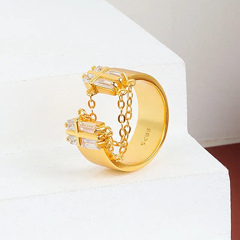 

925 Sterling Silver Open Adjustable Rings Korean INS Style Simple Zircon Chain Tassel Woman Fashion Temperament Accessorize