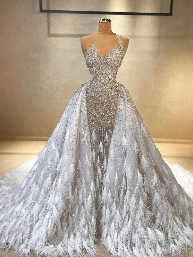 

Luxury Mermaid Wedding Dresses Sleeveless V Neck Sequins 3D Lace Strap Appliques Diamonds Beads Detachable Train Bridal Gowns