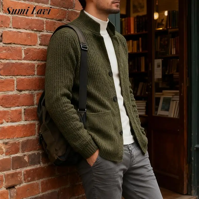

Модный однобортный свитер, мужская куртка на весну и осень, винтажный вязаный кардиган с воротником-стойкой, топы, мужские повседневные однотонные наряды