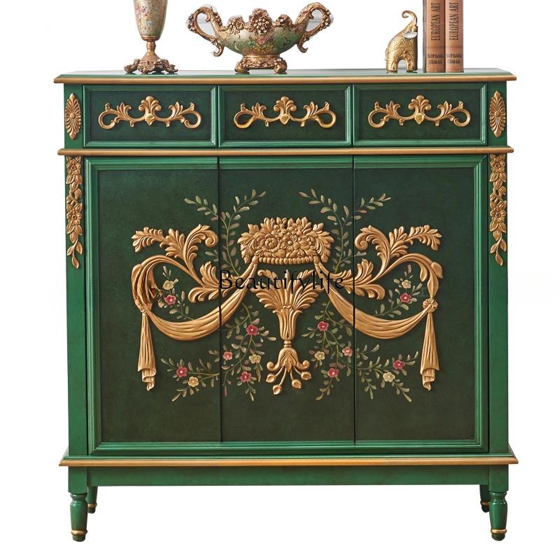 

Golden emerald American light luxury shoe cabinet European entrance living room decorative cabinet