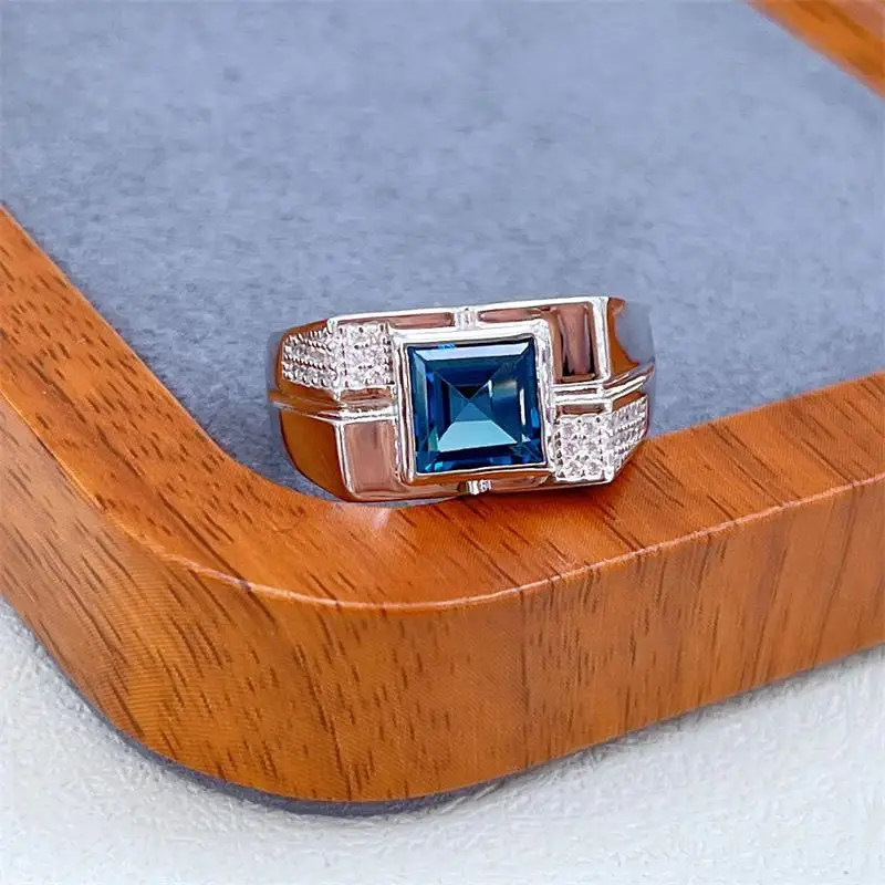 

Best Seller ZECAA Topaz Fine Jewelry Man Topaz Ring With Natural London Blue Topaz Stone 7*7mm Best Silver Topaz Ring For Man