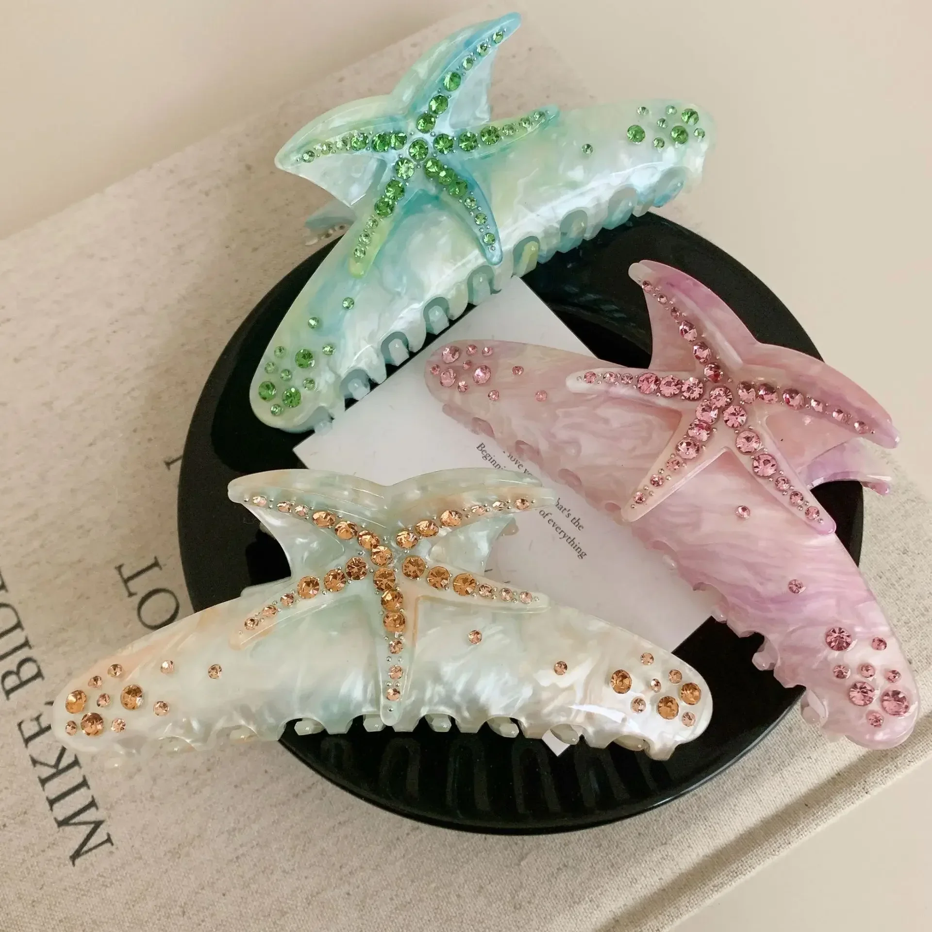 Pinza para el pelo de estrella de mar con diamantes de imitación DS, pinzas para el pelo de acetato ecológicas, pinza para el pelo de cangrejo y estrella de mar para playa, accesorios para el cabello para mujer