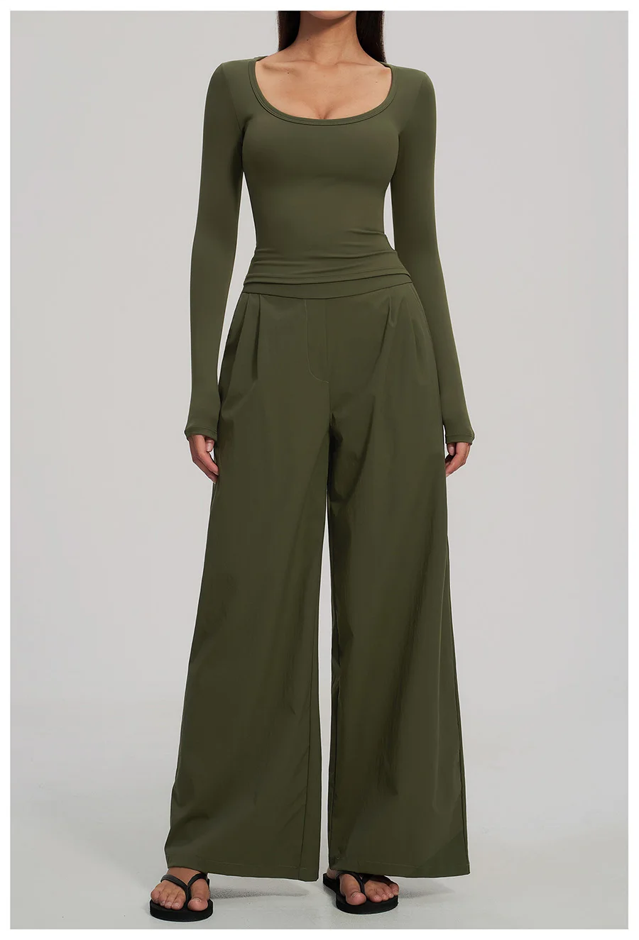2-teiliges Yoga-Set für Damen, Langarm-Fitness-Oberteil, Trainingsanzug, Sportbekleidung, High-Waist-Hose mit geradem Bein, Fitness-Sportanzug – Detail 17