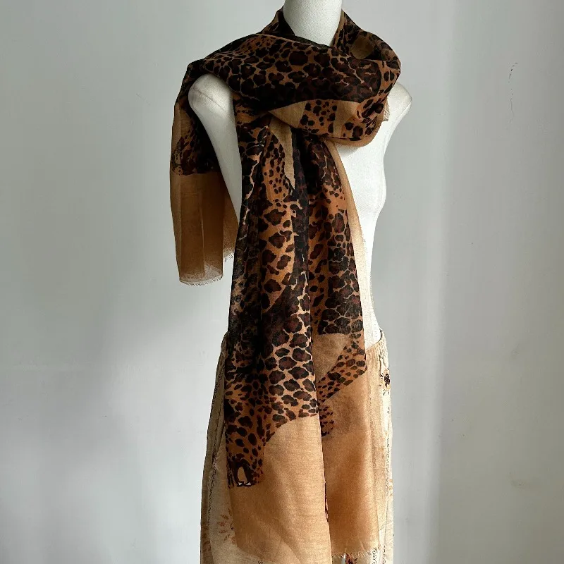 Lightweight Leopard Print Shawl Scarf with Tassels, Luxury Thin Wrap Stole, Air Condition Room Neck Scarf for Daily Outfit Decor