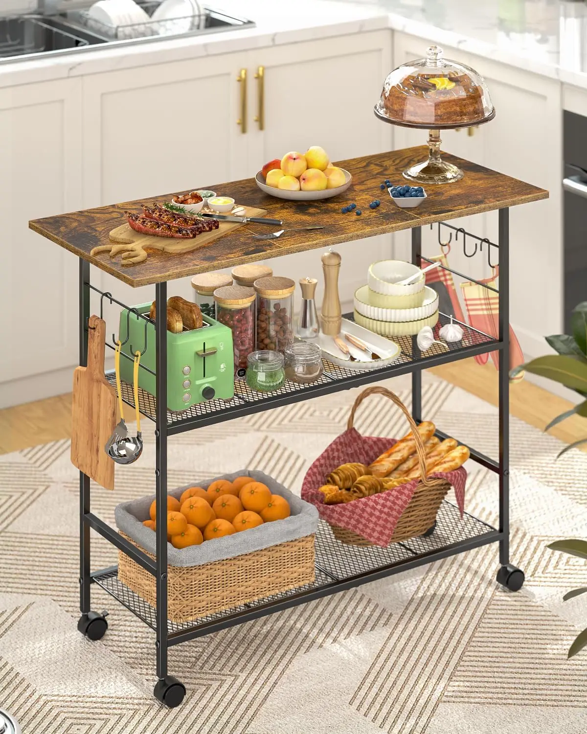 Rolling Kitchen Cart with Lockable Wheels, 3 Shelves & 6 Hooks - Versatile Storage for Microwave, Coffee Bar, Dining Room
