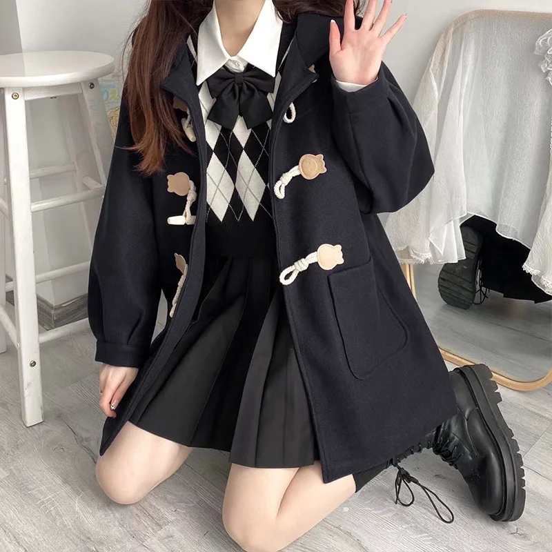 Hooded Blends Women Autumn Tender Sweet Horn Button Preppy Style Casual Girls Baggy Japanese Fashion Pockets Simple Overcoats