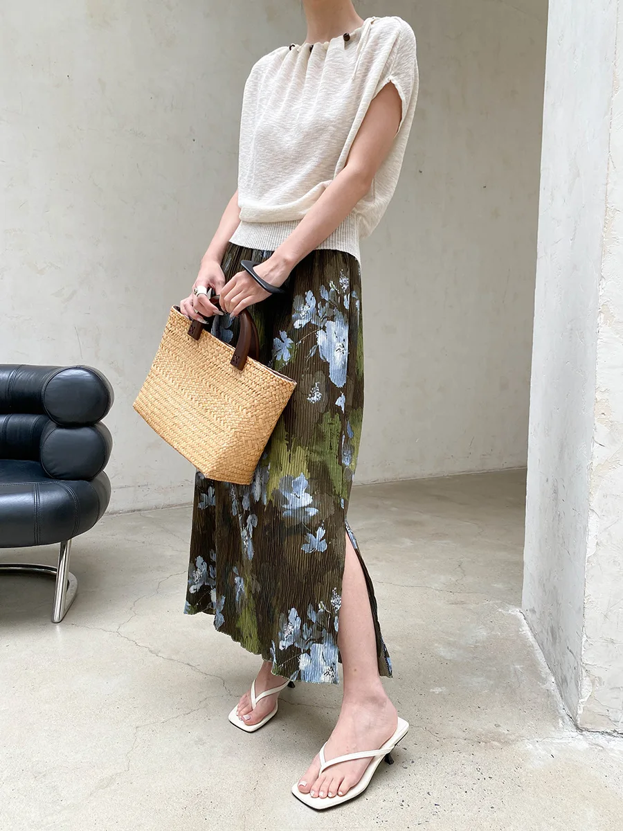 Sommerlicher Damenrock mit elastischem Bund, plissierter Textur, Retro-Print und geradem Schnitt – Detail 17