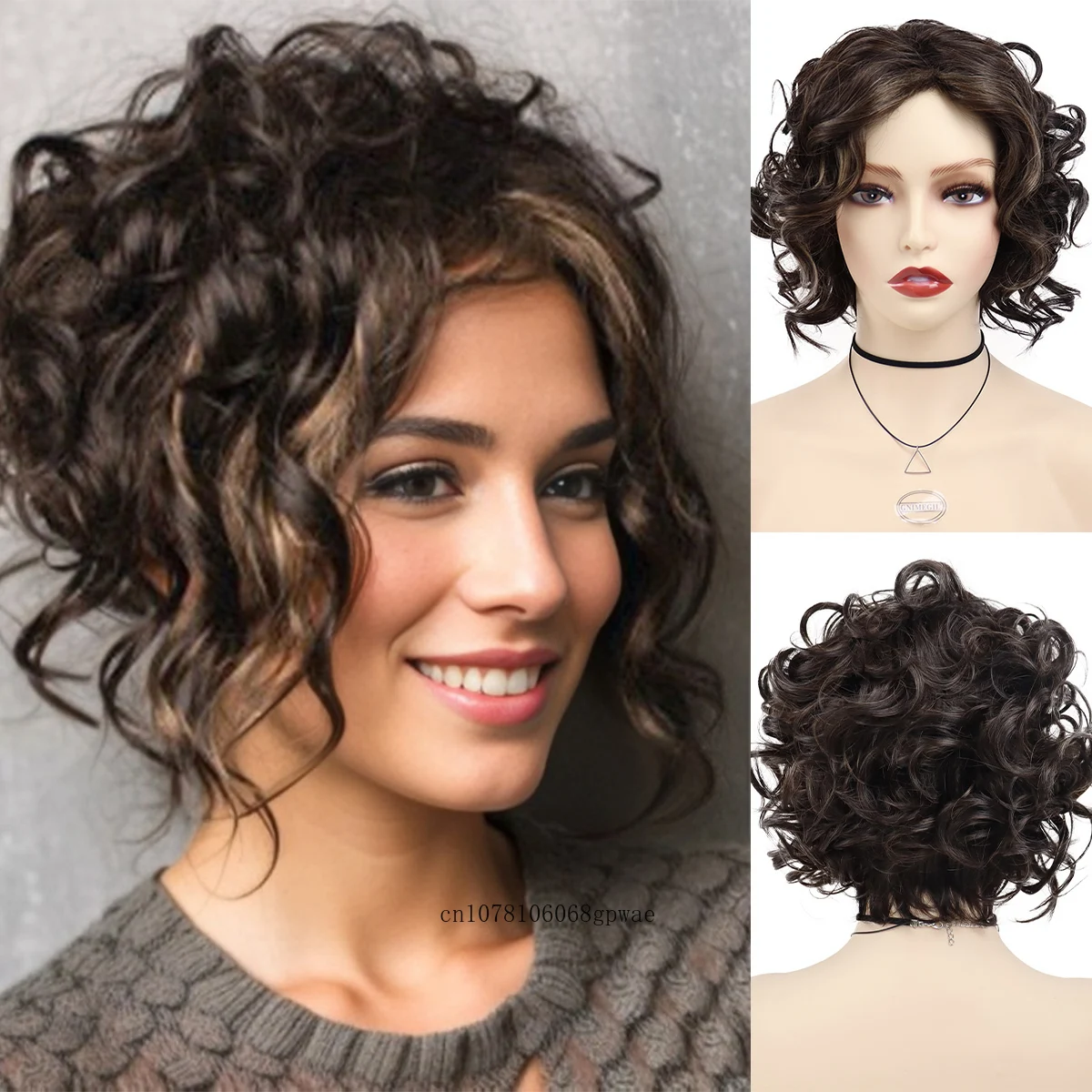 

Synthetic Hair Short Brown Curly Wig with Bangs for Women Elegant Hairstyle Lady Wigs Daily Cosplay Costume Party Heat Resistant