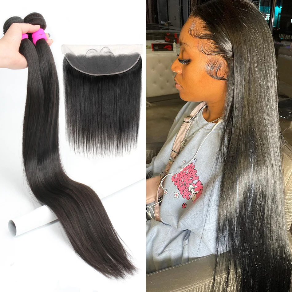 

Bone Straight Human Hair Bundles With 13x4 HD Lace Frontal With Extensions Brazilian Weavings 3 Bundles With Closure for Women