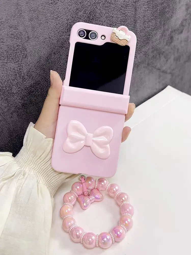 For Samsung Galaxy Z Flip 6 5 4 3 5G F7110 F7070 Unique Cute Customize Bow Crystal Pearl Wrist Phone Case Cover