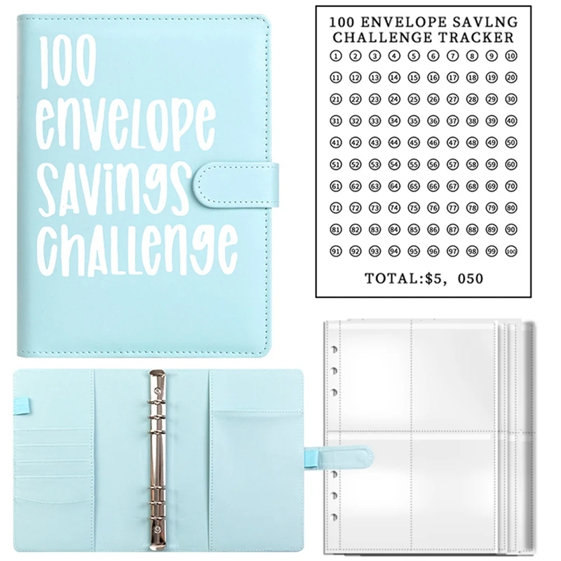 100 busta Challenge Binder Kit blocco note/cartelle di risparmio/raccoglitori a fogli mobili/tasche per soldi/buste Kit azzurro