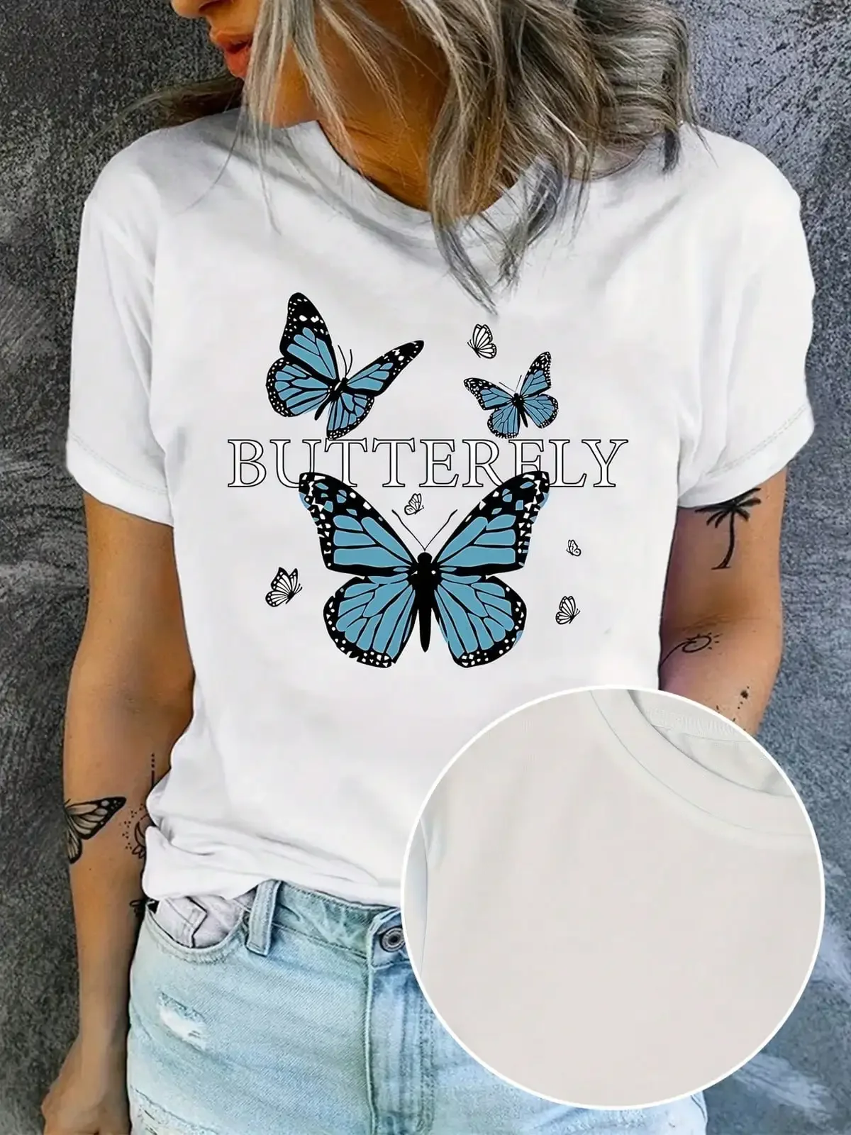 Butterfly Print T-Shirt, Casual Crew Neck Short Sleeve Daily Top, Women's Clothing,Breathable And Comfortable Short-Sleeved Round-Neck Top, Suitable For All Seasons, Everyday Wear For Women