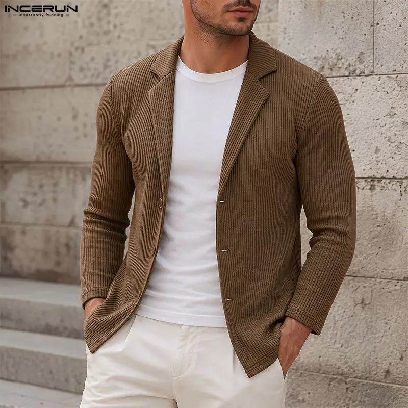 INCERUN Men's Cardigan Solid Color Lapel Long Sleeve Button Casual Men Clothes Knitted Streetwear Vintage Tops Male Sweater 2026