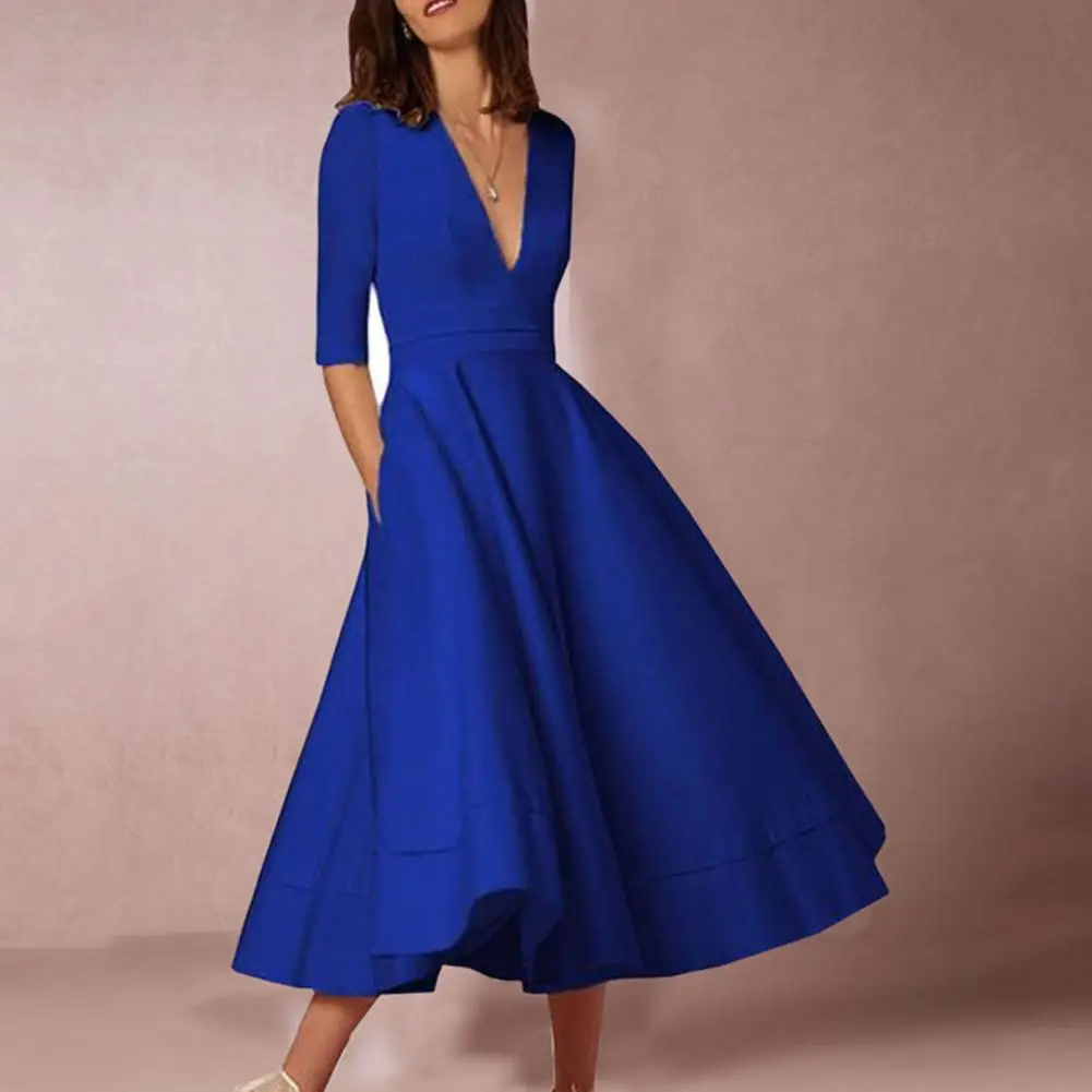 Women Midi Dress Fashion Vacation Party Dresses Half Sleeves Deep V Neck A-line Flowy Hem Dress Pure Color Banquet Evening Dress view 4