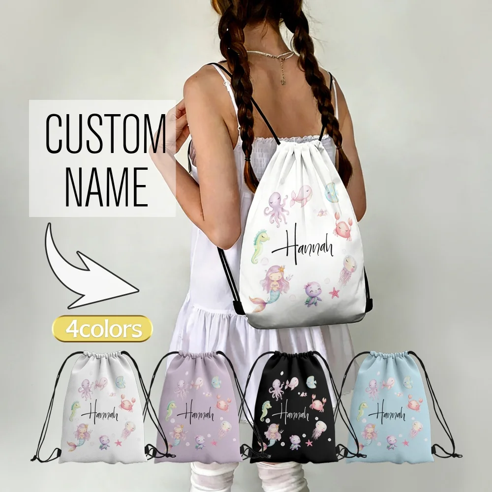 1Pc Custom Name/Text Personalized Drawstring Bag Featuring a Mermaid Design -Lightweight Travel Sports Bags Gym Sack Storage Bag