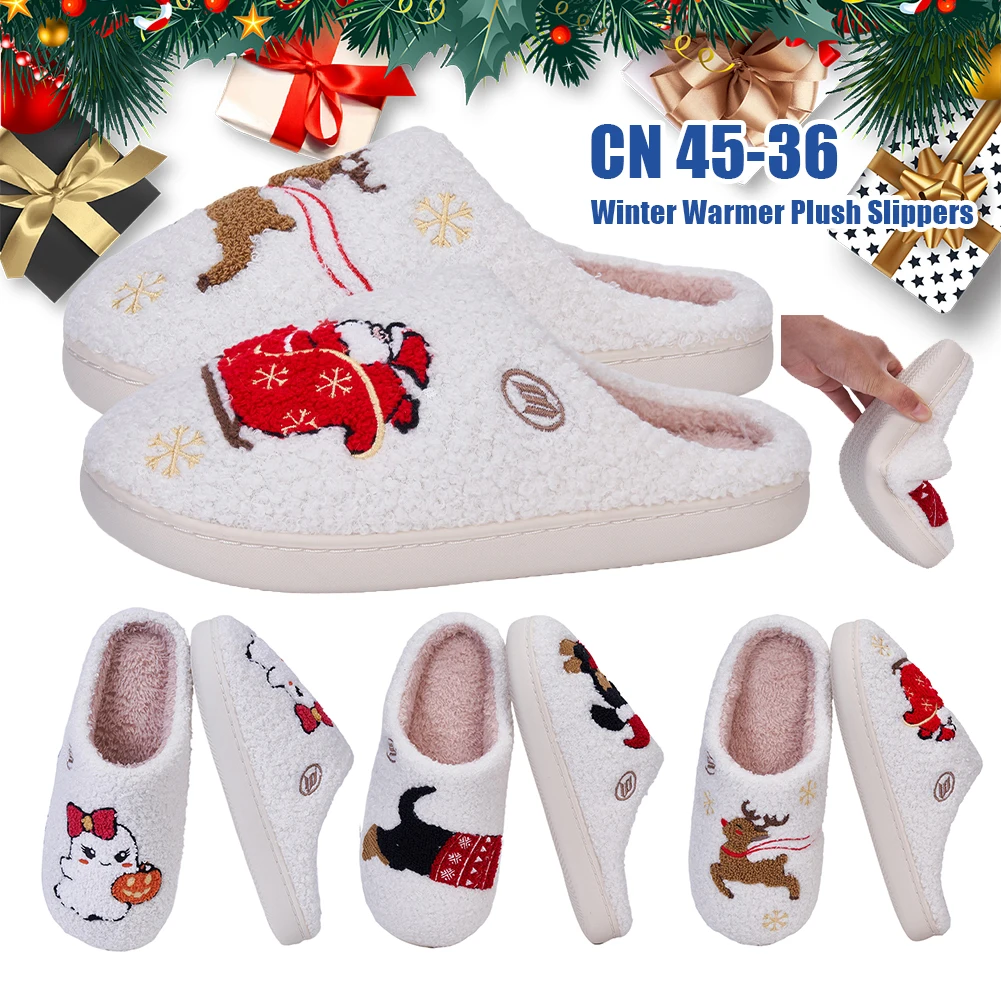 Autumn Winter Family Christmas Slippers Women Home Warm Cartoon Flat Sandals Men Cute Non-slip Slides Couples Christmas Shoes