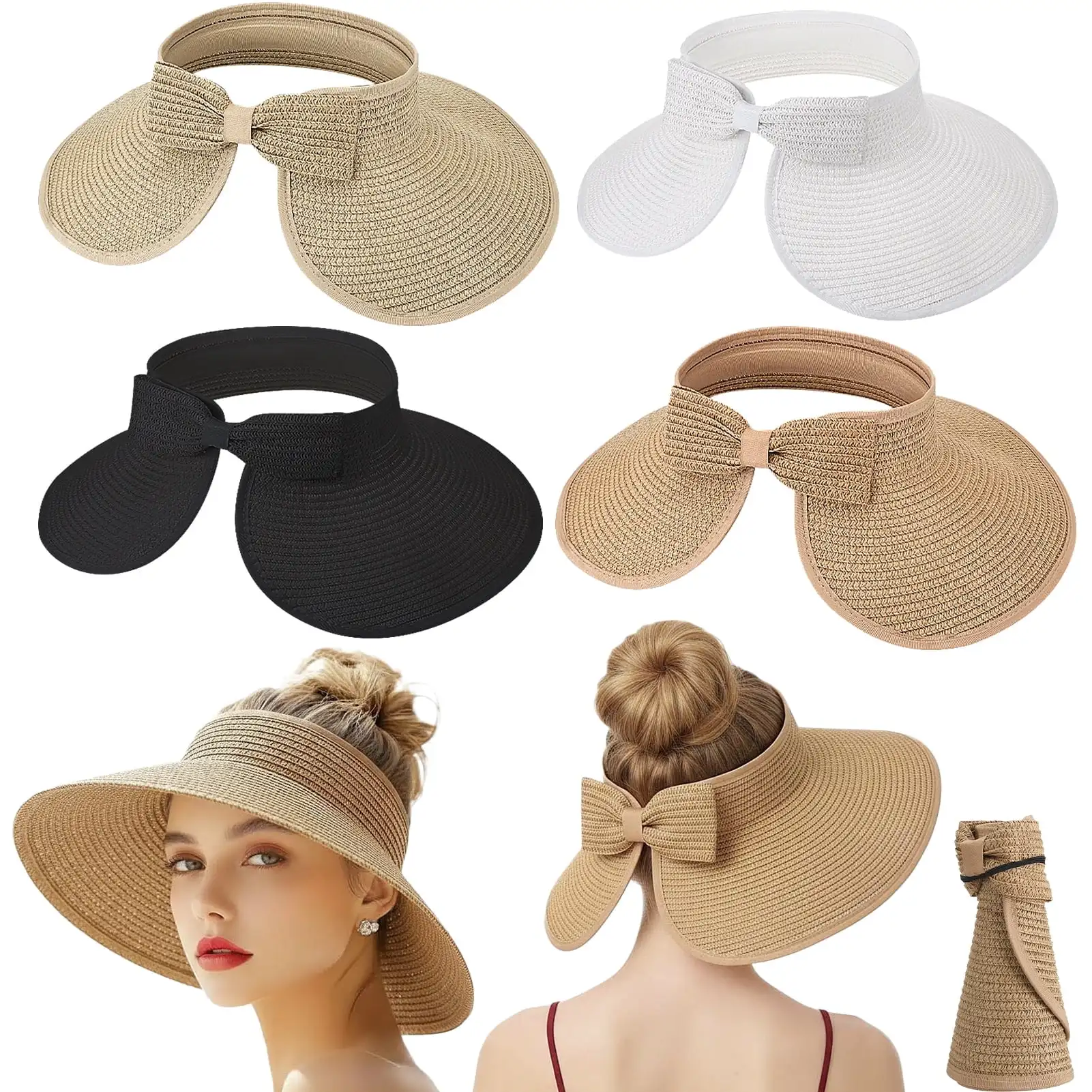 4 Pack Foldable Sun Hat for Women, Wide Brim UPF Straw Hat with Ponytail Hole & Bow, Packable Floppy Beach Hat for Summer Travel Beach Pool
