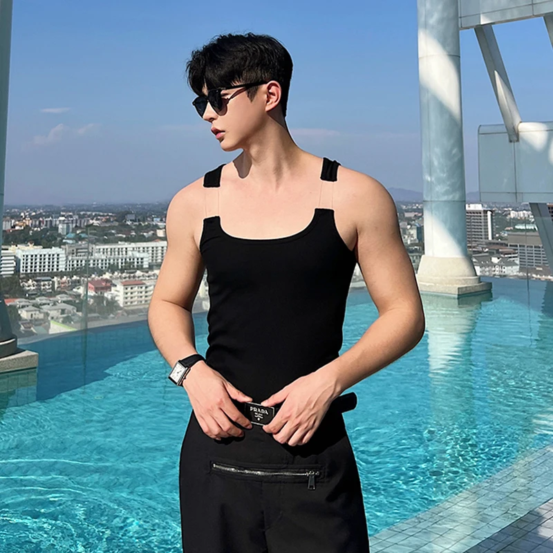 IEFB 2023 New Fashion Male Vest Patchwork Personality Sleeveless Top Men\'s Solid Color Slim T-shirt Spring Trendy 9A8204