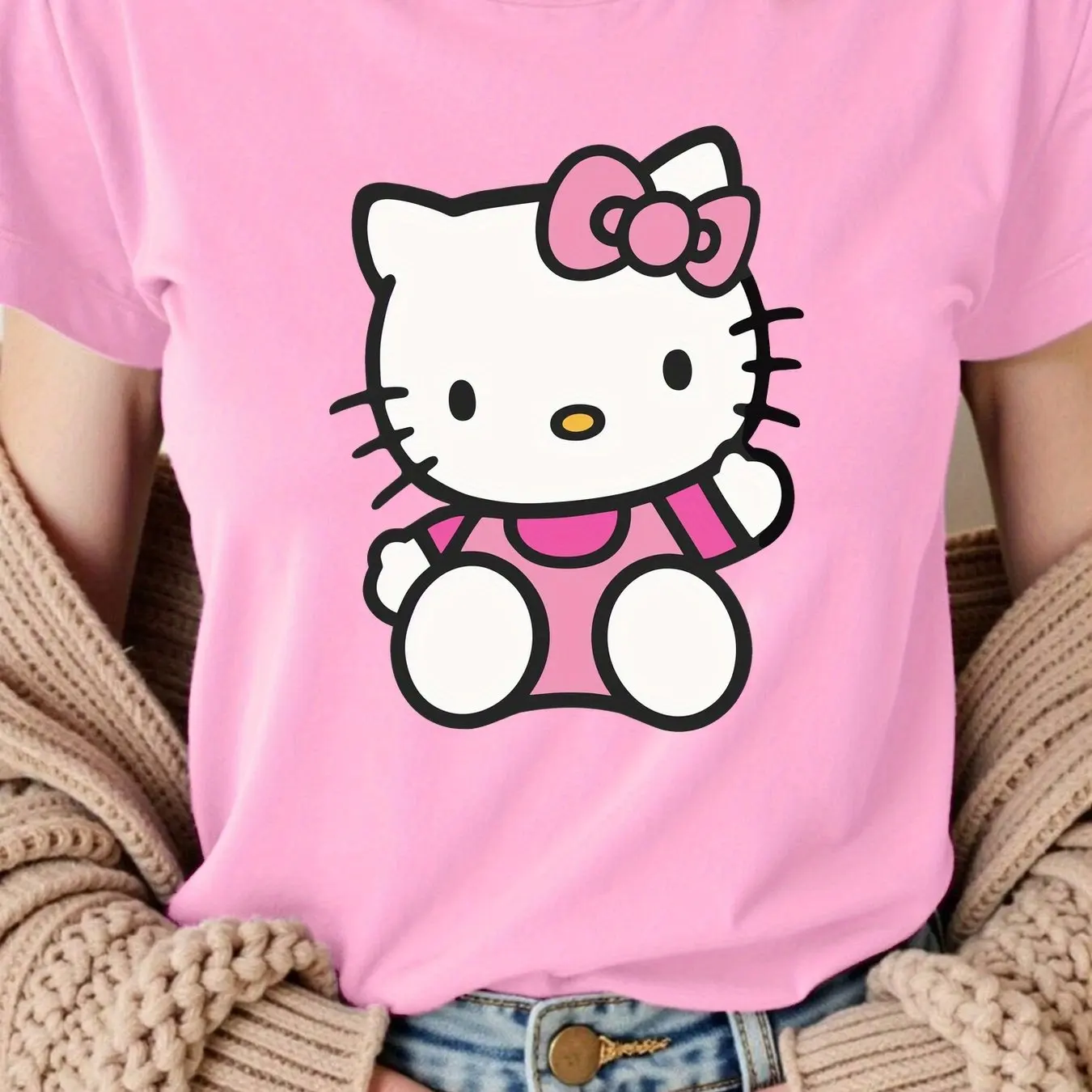 

Хлопковые мужские и женские футболки с графическим принтом «Hello Kitty», лето, осень-зима, роскошные брендовые спортивные футболки с короткими рукавами