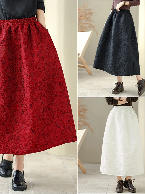

Korean Japanese Sle Floral Emed Casual Versatile plus Size High Waist Midi Skirt Women's A-Line Skirt Artistic Commute