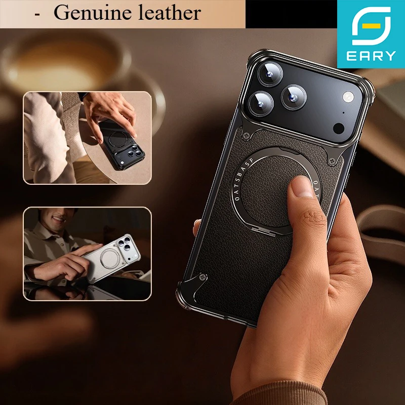 

Eary Leather Case for iPhone 17 Pro Max Air With 360°Rotatable Magnetic Ring Stand Frameless Shockproof Anti-Drop Phone Cover