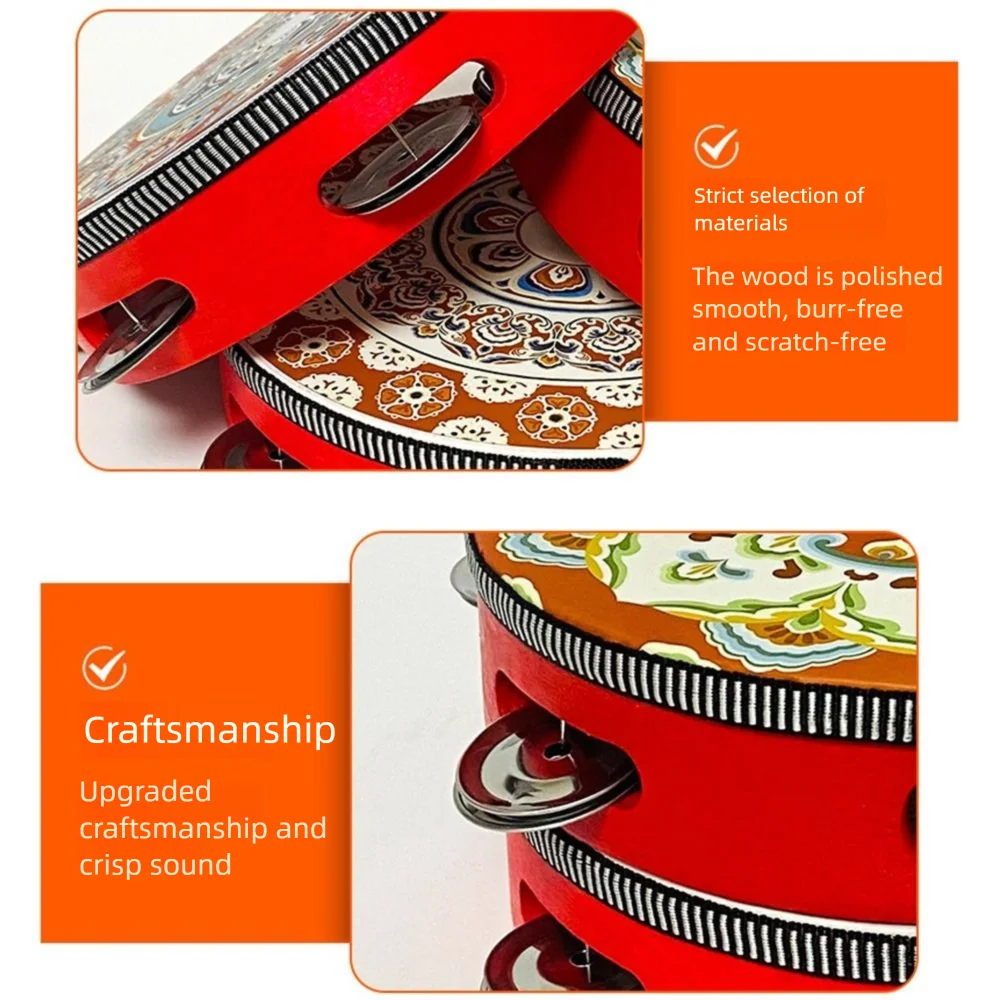 Wooden Floret Hand Drum Chinese Style Floral Pattern Tambourine Handbell 8 Inch Single Row Music Percussion Instrument