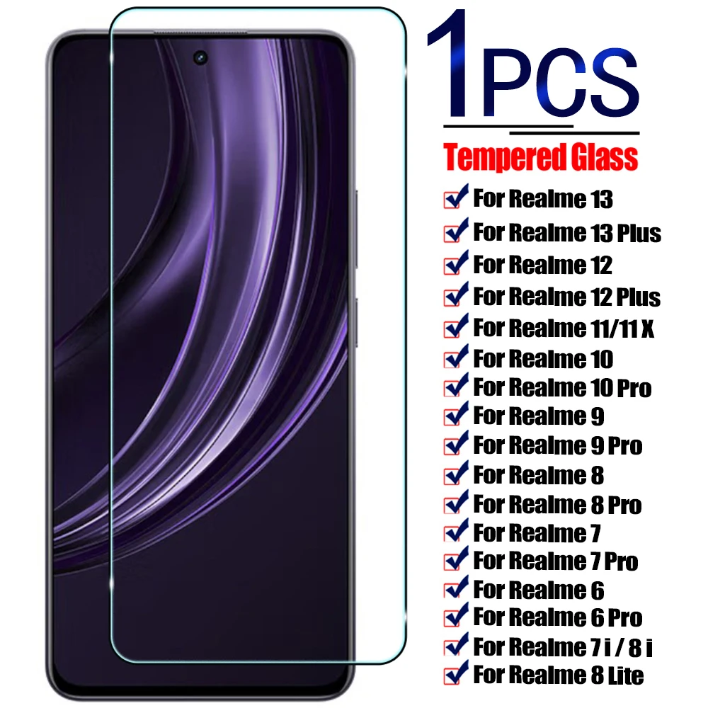 1Pcs Tempered Glass For Realme 13 12 11 10 4G 5G 9 8 7 6 Pro Screen Protector For Realme 6i 6s 7i 8i 9i 8s 10s 10T 12X 13 Plus