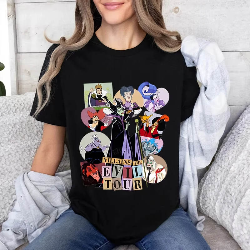 

Disney Villains The Evil Tour Summer T-Shirt Girls Family Parent-Child Clothing Casual Loose Oversized Women Short Sleeve