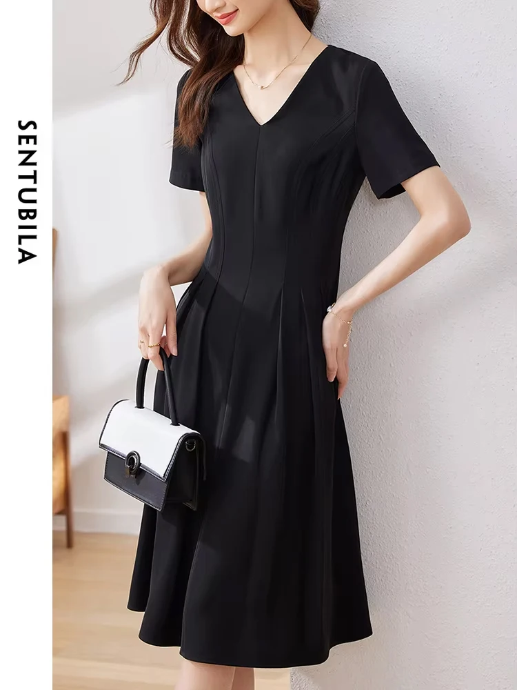 SENTUBILA Vintage Elegant V Neck Pleated Black Dress 2024 Short Sleeve Slim A Line Midi Women's Summer Formal Occasion Dress