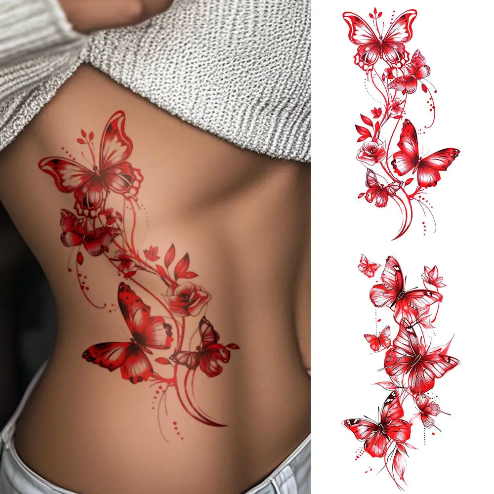 2pcs Waterproof Temporary Tattoo Sticker Ancora Red Butterfly Beautiful Fantasy Romantic Body Art Arm Fake Tato Sleeve Women Men