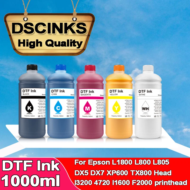 1000ML ECO DTF ink for direct transfer film for L1800 L805 1390 I3200 DX5 XP600 series DTF printer BK C M Y WH color availble