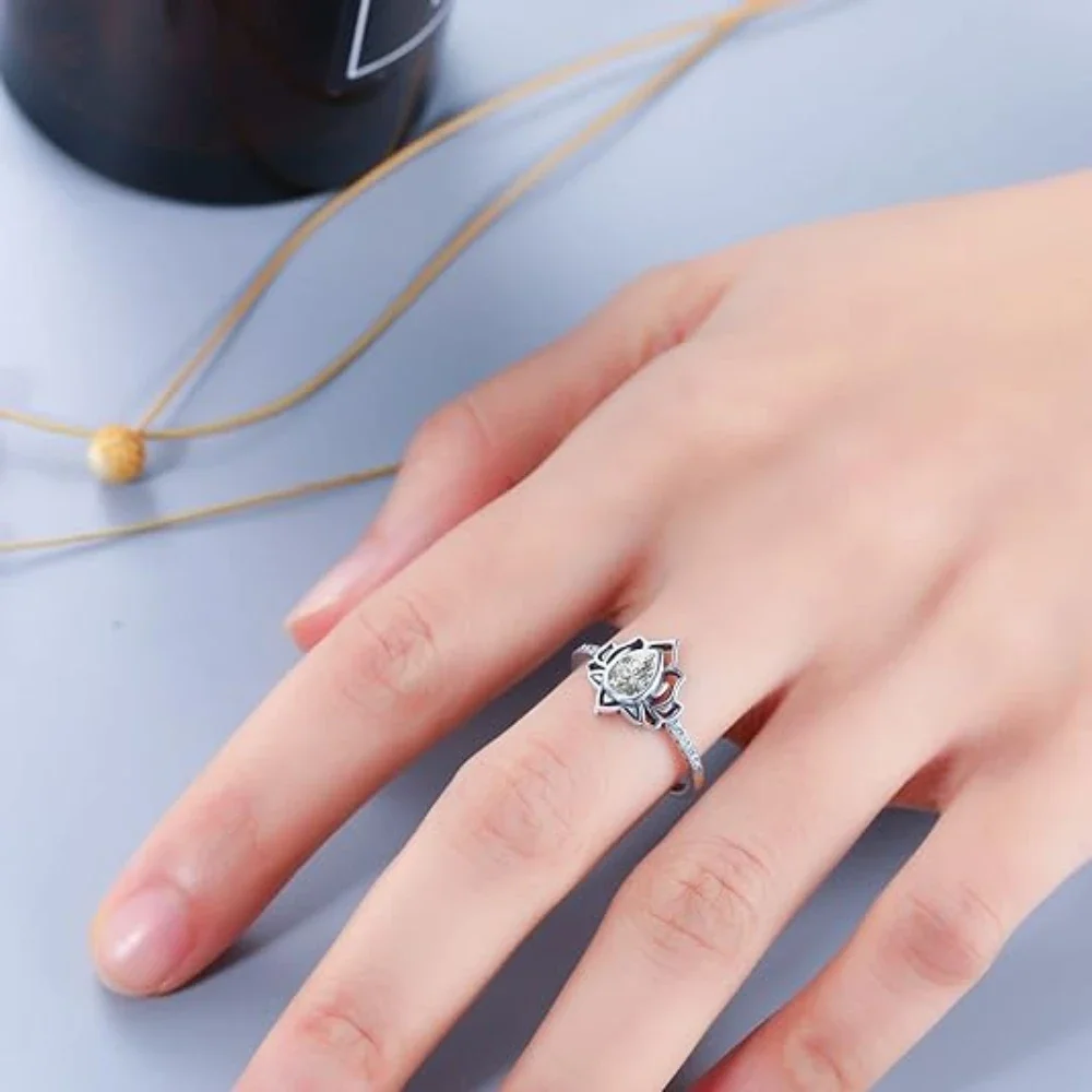 Women's 925 Thai Silver Adjustable Lotus Flower Ring