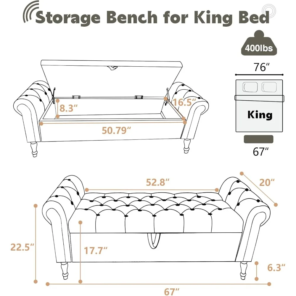 67 مقعد تخزين لغرفة النوم، نهاية مقعد السرير بحجم كينغ، مقاعد عثمانية للتخزين معنقدة مع أذرع لغرفة المعيشة أ #2