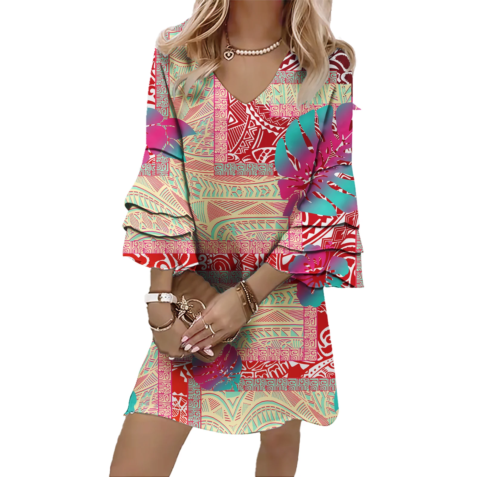 Custom Ladies Wear Hawaiian Party Fashion Dress Polynesian Cascading Ruffle Sleeve Clothes Tapa Tribal Design Women Samoan Dress