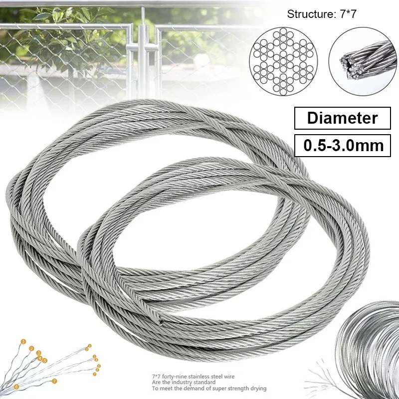 

10M/5M Diameter 0.5mm~3mm 7X7 Structure 304 stainless steel wire rope thin cable softer fishing lifting cable