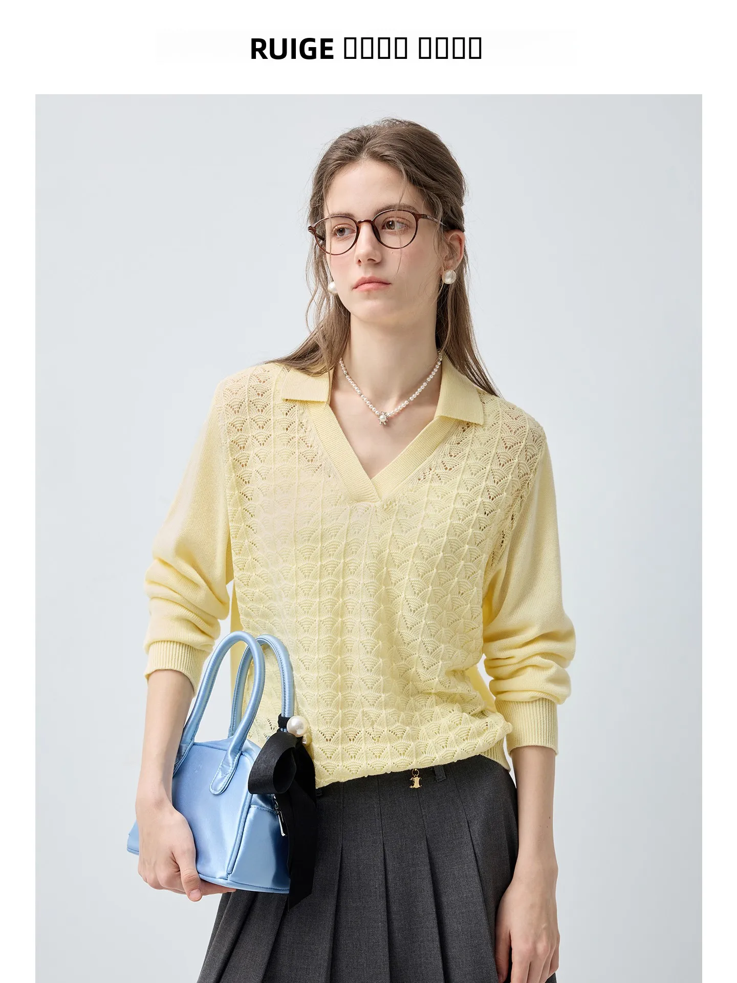 Dzianina damska plus size, do ramion, z długim rękawem, wełniana, ażurowa, wiosenna, wyszczuplająca, dla lekko zażywionych kobiet, wygodna, oddychająca.