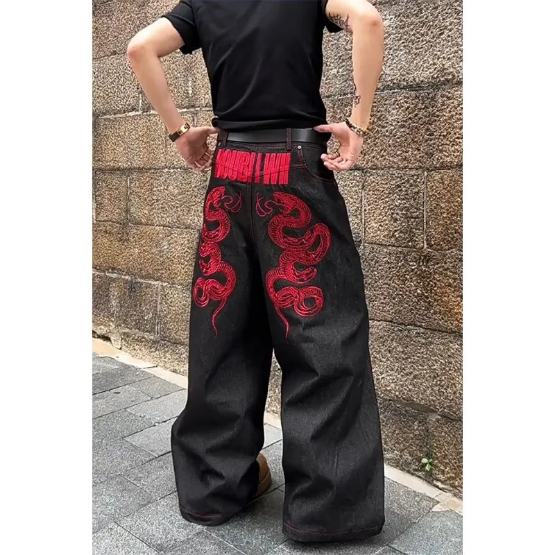 

Women American Large Size Heavy Work Design Snake Embroidery Denim Pants Sexy Retro Subculture Wide Leg Floor-Length Jeans