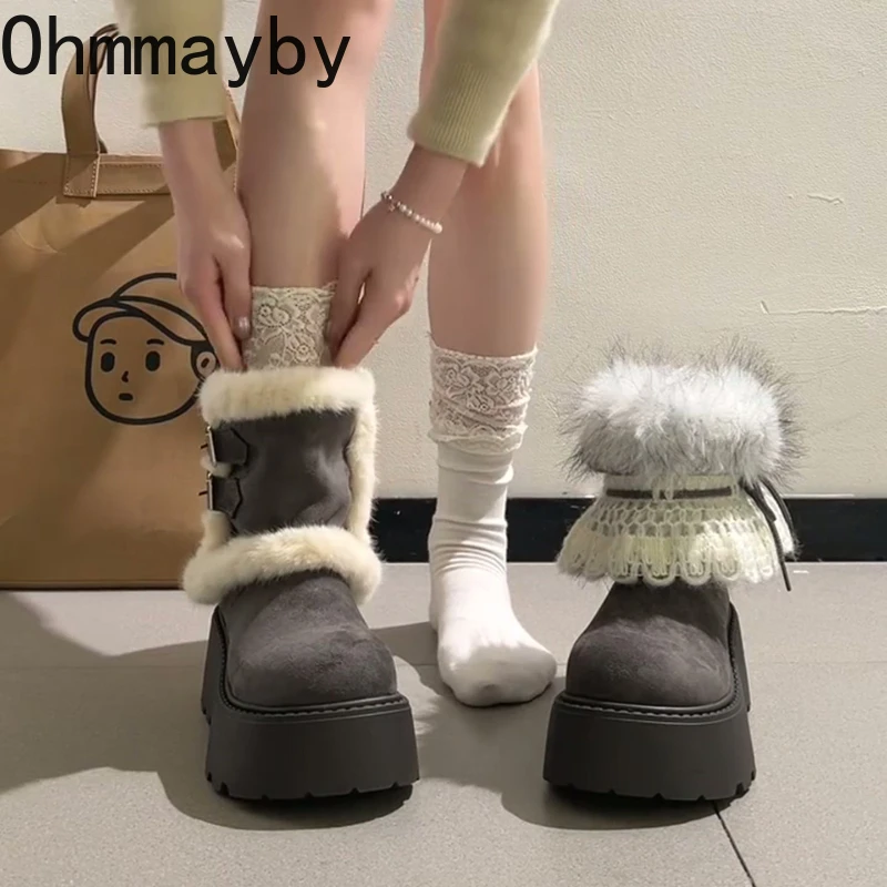 

Winter Thick Sole Women Fur Lining Snow Boots Concise Combination Splicing Shoes Ladies Comfort Warm Cotton Short Booties