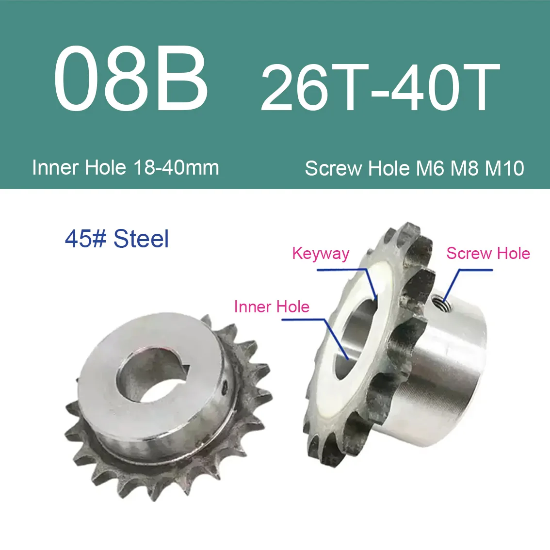 1Pcs 08B Industrial Drive Sprocket Wheel 45# Steel Chain Gear 26/27/28/29/30/31/32/33-40 Teeth Keyway Bore 18mm-40mm