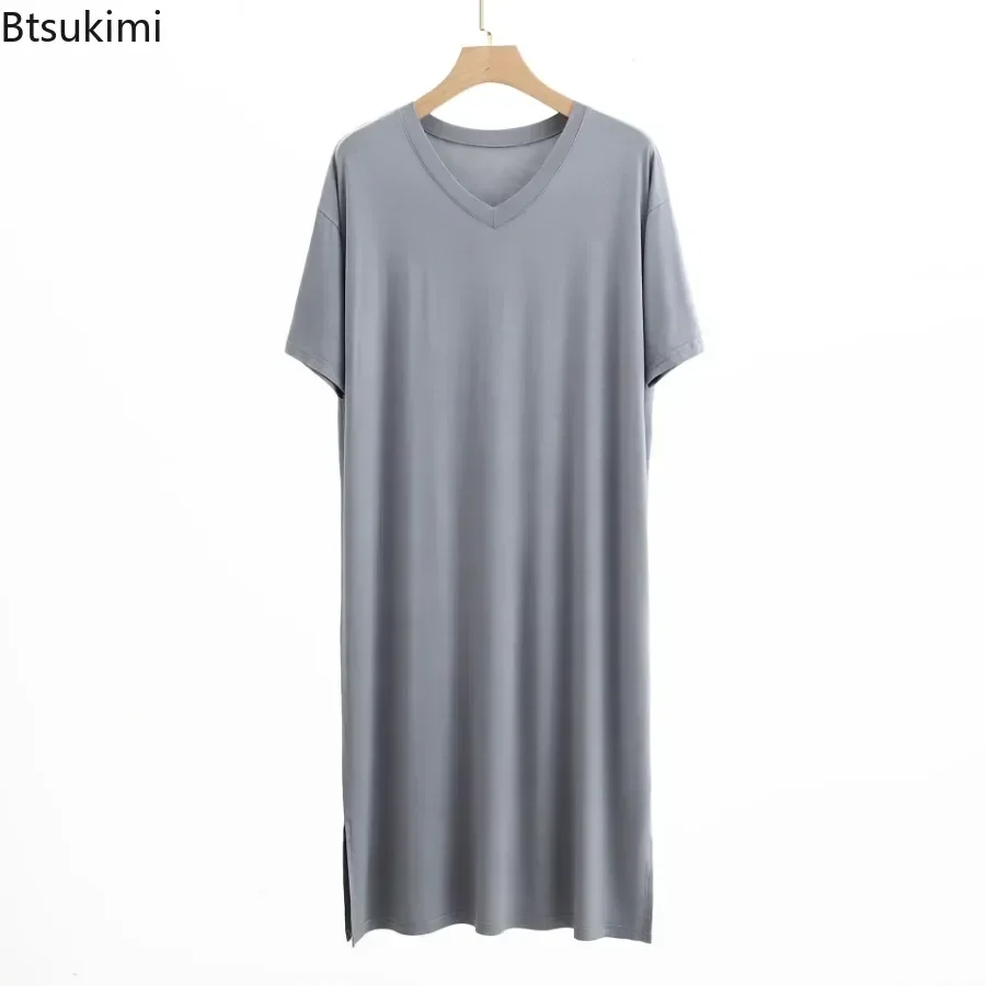 2025 Men's Modal Pajamas Home Clothes Short-sleeved V-neck Mid-length One-piece Nightgown Summer Men's Solid Loose Thin Bathrobe