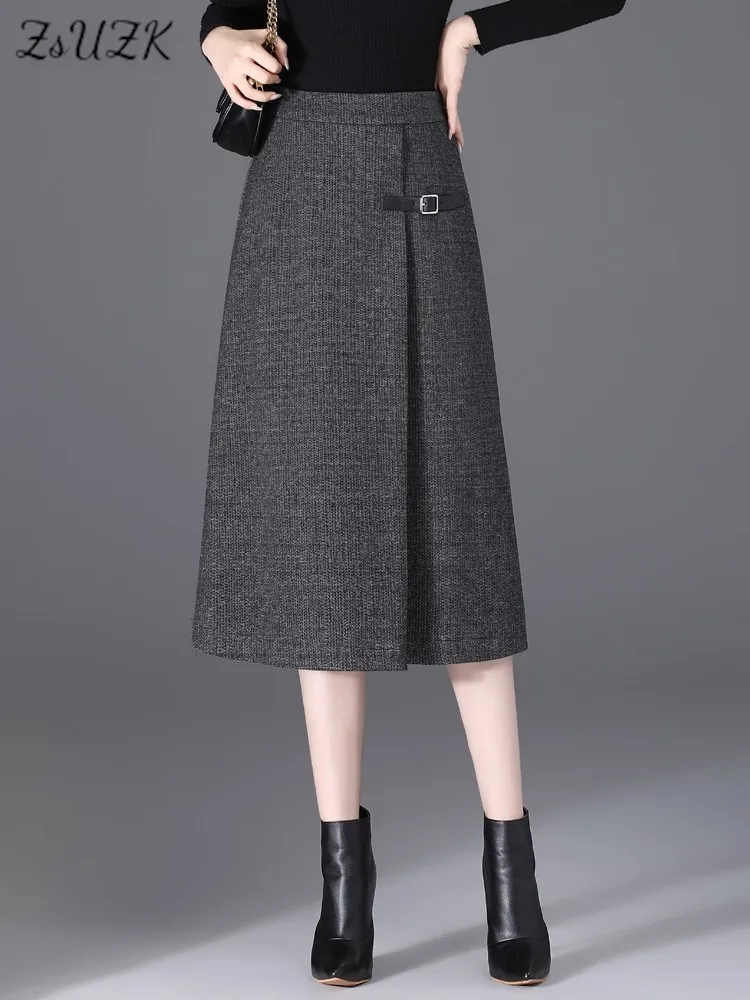 

ZUZK шерстяная юбка трапециевидной формы с высокой талией для женщин, осень-зима, женская утолщенная юбка, офисная женская модная юбка трапециевидной формы