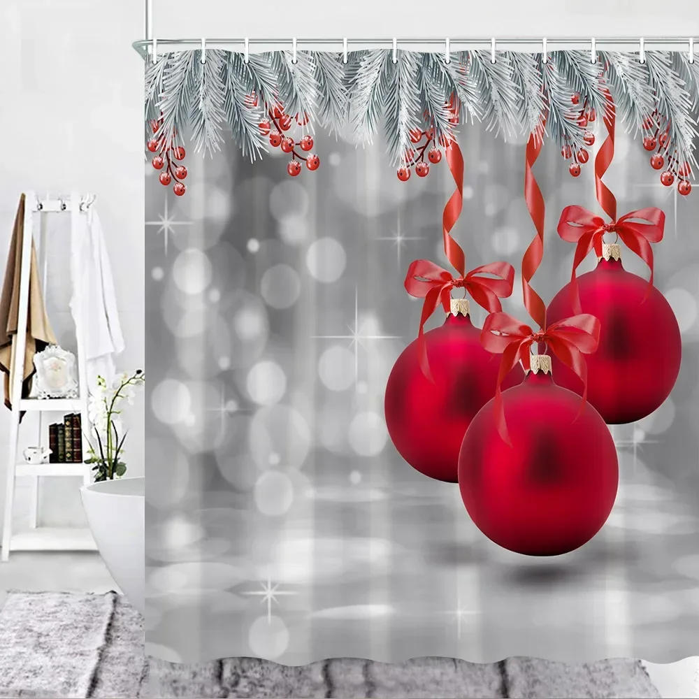 Christmas Shower Curtain Set Red Xmas Balls Fir Christmas Holidays Decor Fabric Hook Bathroom Curtains Bathroom Accessories Sets