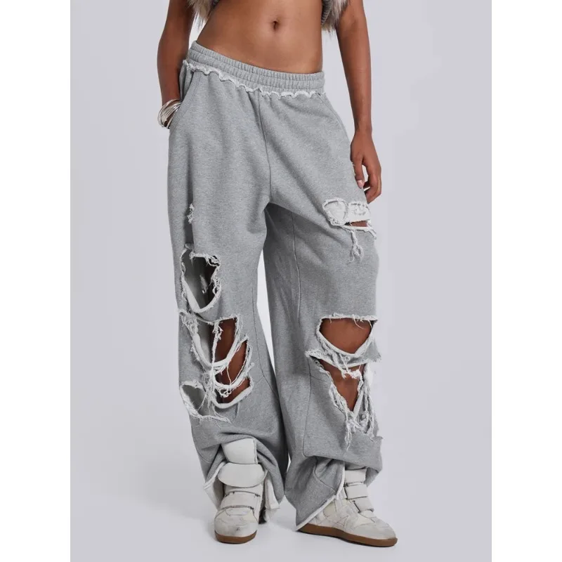 Deeptown Y2k Gray Hole Women Pants Jogging Wide Leg American Retro Hip Hop Sweatpants Solid Color Baggy Casual Streetwear Summer