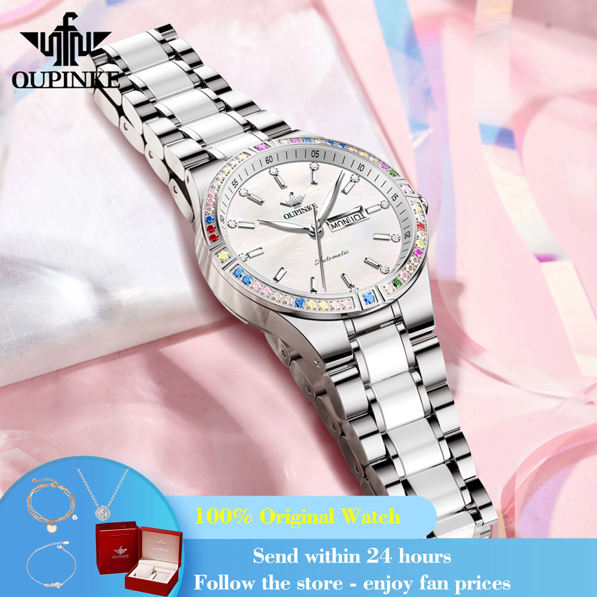 

OUPINKE 3283 Women's Watch Luxury Dual Calendar Automatic Watch For Women Waterproof Mechanical Wristwatch Ceramic Steel Strap