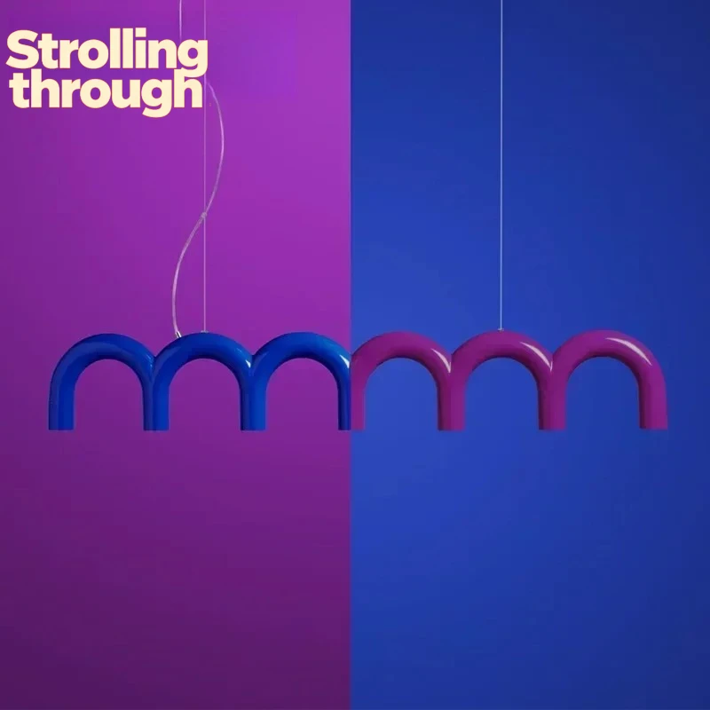 

Metal Macaron Oblure Arch Chandelier Design LED Black White Orange Blue Light Kitchen Luminaire Suspendu Bar Restaurant Lighting